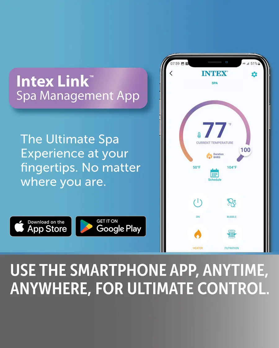 Intex Link spa management app showing temperature, heater and bubble controls